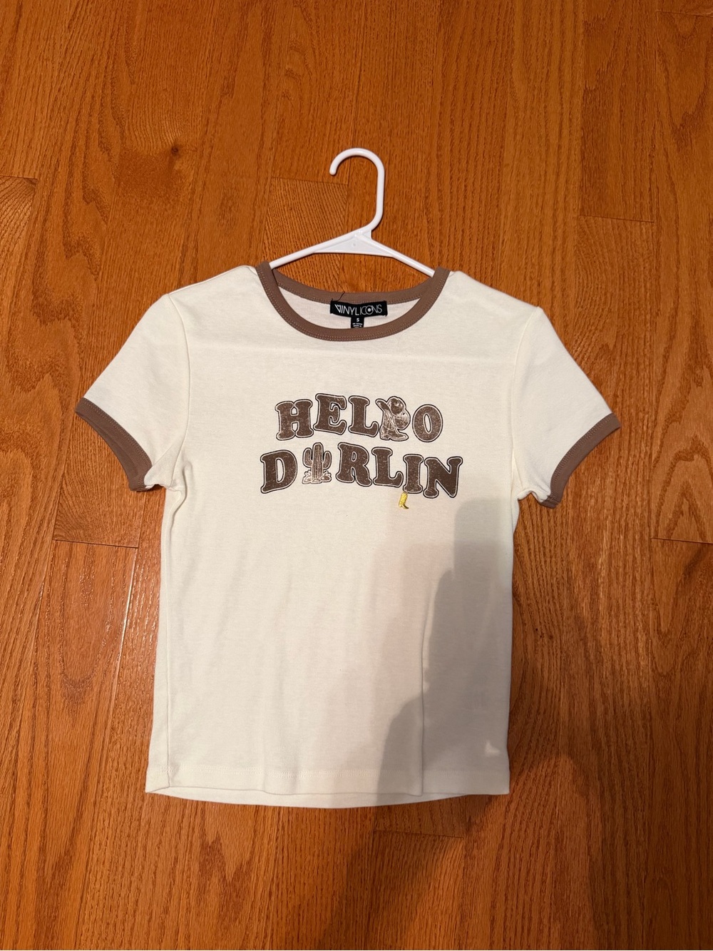 Vinyl Icons Cream Ringer Tee with Brown Trim - "Hello Darlin"